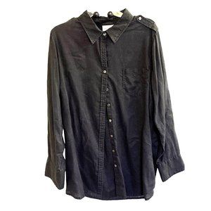 SoftSurroundings Linen Button Down Shirt Roll Tab Sleeve Blouse Black Size 1X Pl